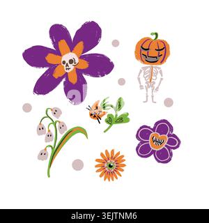 Fleurs d'Halloween avec des citrouilles effrayantes fantômes crâniens et chats Illustration de Vecteur