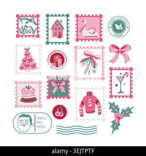 Timbres Noël isolé ensemble Vintage festive vacances affranchissement hiver autocollants carte illustration Collection Illustration de Vecteur