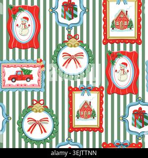 Cadres de Noël rayés motif sans couture avec des cadeaux d'ornements de vacances vintage Illustration de Vecteur