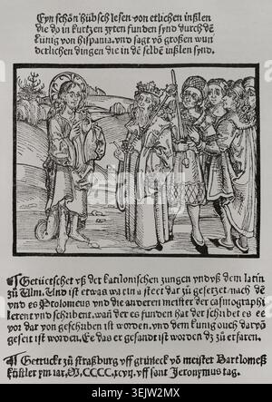 Frontispice d'une des lettres de 1493 annonçant la découverte des Indes, 1892. D'après une version allemande imprimée par Bartholomeus Kistler, datée du 30 septembre 1497 à Strasbourg. C'était une traduction allemande du catalan et du latin. Jésus-Christ apparaît au roi d'Espagne lui demandant de convertir les païens. Découverte de l'Amérique en 1492. De "America. Histoire de sa découverte des temps primitifs à l'ère moderne", écrit par Rodolfo Cronau, volume I, publié à Barcelone, 1892. Banque D'Images