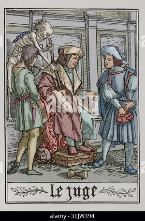 Le juge reçoit la visite de Death, 1538, (1877). Scène représentant un juge qui est corrompu. La mort, à côté d'un pauvre homme enchaîné, arrache l'escroc du juge. Fac-similé d'une gravure appartenant à la série "la danse de la mort" de Hans Holbein le jeune, dans "les Simulachres et histoires facées de la mort", 1538. Vie militaire et religieuse au moyen Age et à ; l'Epoque de la Renaissance, Paris, 1877. (Impression colorée en noir et blanc). Banque D'Images