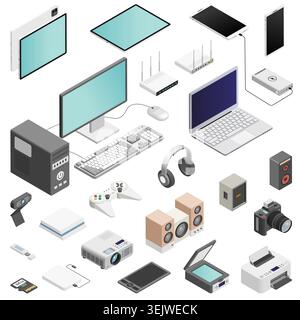 Gadgets électroniques, appareils et équipement de bureau icônes vectorielles isométriques grande collection. Ordinateur de bureau, ordinateur portable, téléphone portable, tablette, appareil photo, et Illustration de Vecteur