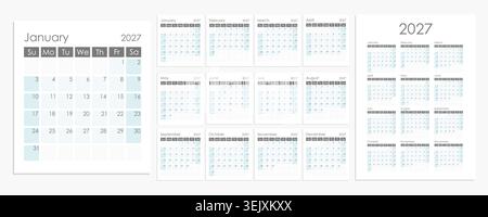 2027 disposition du calendrier sur fond blanc, chaque mois est sur une page séparée et le calendrier de l'année entière est sur une page. La semaine commence le dimanche. Vecteur Illustration de Vecteur