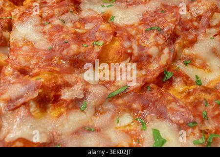 Pizza colorée sur plateau cuit au four ou pinza en boulangerie artisanale à Rome, nourriture de l'Italie, nourriture de rue pour le déjeuner, avec tomates, salami, basilic, mozzarella Banque D'Images