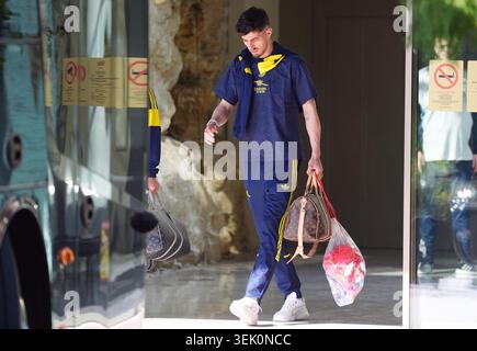 Kai Havertz d'Arsenal quitte l'hôtel Team à Budapest. Le rêve d’Arsenal de gagner sur la plus grande scène d’Europe pour la première fois en 140 ans d’histoire s’est terminé à l’agonie après une défaite en fusillade 4-3, Eberechi Eze et Gabriel hors cible à la Puskas Arena de Budapest. Date de la photo : dimanche 31 mai 2026. Banque D'Images