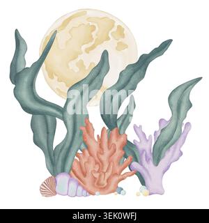 Une scène avec des algues, du corail, des coquillages, des bulles d'eau, et une grande pleine lune en arrière-plan. Cette illustration aquarelle fantaisie présente sous Banque D'Images