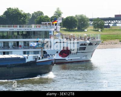 Europas groesstes Flusskreuzfahrtschiff A-Rosa Sena von AIDA faehrt auf dem Rhein BEI Krefeld Uerdingen und auf Hoehe der Krefelder Rheinbruecke. A-Rosa Sena Flusskreuzfahrtschiff. *** Le plus grand bateau de croisière fluviale d'Europe Un Rosa Sena d'AIDA navigue sur le Rhin près de Krefeld Uerdingen et à la hauteur du pont de Krefeld sur le Rhin Un bateau de croisière fluviale Rosa Sena Banque D'Images