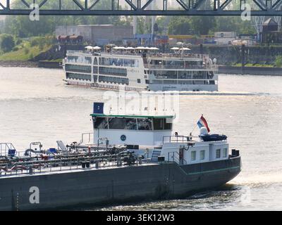 Europas groesstes Flusskreuzfahrtschiff A-Rosa Sena von AIDA faehrt auf dem Rhein BEI Krefeld Uerdingen und auf Hoehe der Krefelder Rheinbruecke. A-Rosa Sena Flusskreuzfahrtschiff. *** Le plus grand bateau de croisière fluviale d'Europe Un Rosa Sena d'AIDA navigue sur le Rhin près de Krefeld Uerdingen et à la hauteur du pont de Krefeld sur le Rhin Un bateau de croisière fluviale Rosa Sena Banque D'Images