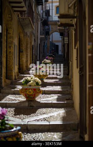 Les résidents locaux ont placé des pots en céramique vibrants et décorés remplis de fleurs le long de cet étroit escalier en pierre pour embellir la ruelle historique Banque D'Images