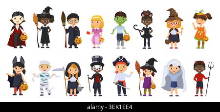 Enfants mignons portant des costumes d'Halloween, y compris vampire, sorcière, sorcier, princesse, zombie, chats, citrouilles et pirates personnages, isolés sur fond blanc illustration vectorielle Illustration de Vecteur