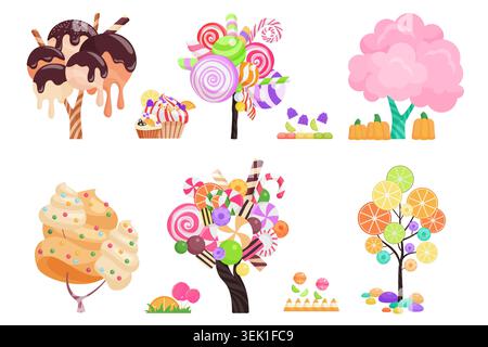 Collection fantaisiste d'arbre de bonbons avec sucettes, cupcakes, tranches de fruits, glaçage, bonbons dans un style fantaisie coloré, disposés comme forêt de dessert ludique sur fond blanc illustration vectorielle Illustration de Vecteur