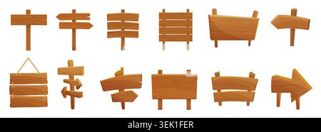 Ensemble de panneaux en bois de dessin animé avec des flèches, des planches suspendues, des panneaux rustiques et des panneaux d'avis vides pour la direction, le menu ou la conception de message, isolé sur l'illustration vectorielle de fond blanc Illustration de Vecteur