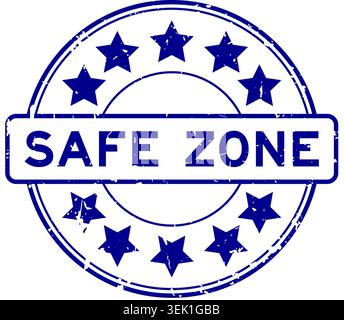 Mot de zone de sécurité bleu grunge avec tampon de joint en caoutchouc rond d'icône d'étoile sur fond blanc Illustration de Vecteur