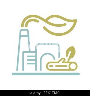 Icône d'usine de contour minimaliste avec des feuilles et du bois adapté à l'énergie de biomasse renouvelable et à la conception durable de l'industrie Illustration de Vecteur