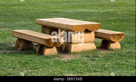 Un ensemble de salle à manger extérieur robuste fabriqué à partir de troncs d'arbre épais et fendus offre des places publiques sur un champ herbeux lumineux par une journée ensoleillée Banque D'Images