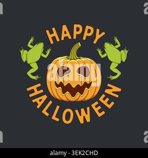 Emblème orange Happy Halloween avec citrouille et crapauds sur fond noir. Objets vectoriels isolés. Illustration de Vecteur