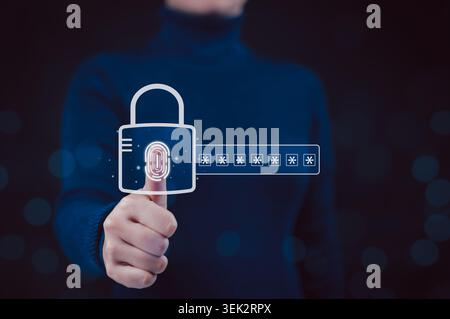 Sécurité par mot de passe biométrique et concept de connexion par empreinte digitale. Cadenas avec champ de mot de passe masqué. authentification de l'utilisateur, vérification de l'identité, accès Banque D'Images