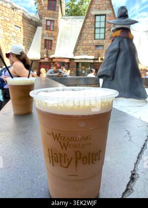 Légende (139 personnages) ORLANDO, FL - 31 MAI 2026 : vue rapprochée d'une boisson fraîche au Butterbeer dans une tasse souvenir au Wizarding World of Harry Pott Banque D'Images