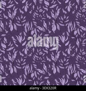 Motif floral lavande dessiné à la main avec feuilles et branche. arrière-plan violet de dessin au trait. illustration de verdure botanique printanière. Pour tissu, papier peint Banque D'Images