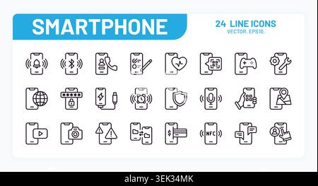 Icônes de téléphone portable. Main tenant l'application doigt, écran vidéo ID sur smartphone ou service ai Pay par visage. Application de communication moderne. Ensemble d'éléments de contour isolés de pictogramme de médias sociaux vectoriels Illustration de Vecteur