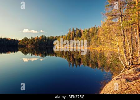 Espoo, Finlande - 2020 : couleurs d'automne vibrantes de pins et de bouleaux reflétées sur un lac immobile sous un ciel bleu clair avec la lumière du soleil Banque D'Images