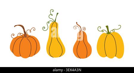 Ensemble de différentes variétés de citrouilles. Citrouilles jaunes et oranges avec tiges. Illustration vectorielle plate pour l'affiche de récolte d'automne. Illustration de Vecteur