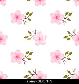 Motif de répétition sans couture avec des fleurs de fleurs de cerisier roses sur des branches avec des feuilles vertes et des bourgeons roses sur fond blanc, illustration florale pour fabr Illustration de Vecteur