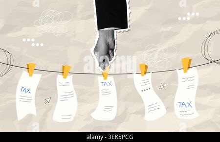 Documents fiscaux suspendus à la main abstraits sur la corde à linge, la finance et le concept comptable. Illustration de Vecteur