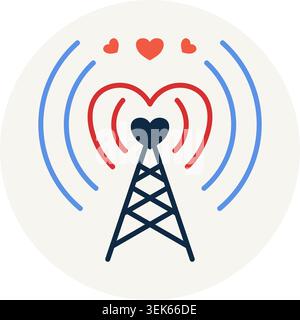 Tour d'antenne de radiodiffusion émettant des ondes radio en forme de coeur symbole de communication d'amour, de connexion globale et de télémétrie sans fil. Illustration de Vecteur