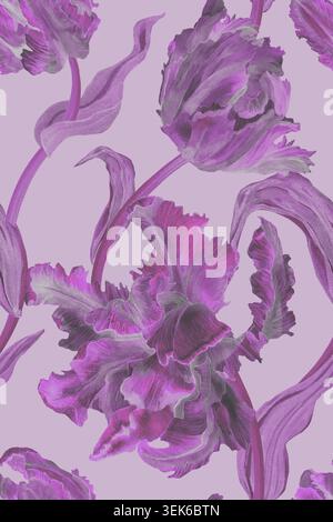 Modèle sans couture avec fleur de tulipe de perroquet, pétales, vapeur, feuilles. Aquarelle dessinée tulipes rose pâle, fond de couleurs blanchies. Design pour textile Banque D'Images