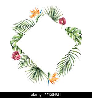 Cadre de feuille Monstera, Strelitzia et modèle de fleurs d'anthurium rouge. Aquarelle logo de palmier dessiné à la main, tons verts vibrants. Botanique isolée Banque D'Images