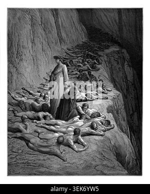 Dante et Virgile observant les âmes avares et prodigues couchées sur le sol dans la cinquième corniche du purgatoire, endurant la pénitence pour leur avarice terrestre. La Divine Comédie du poète italien du XIVe siècle Dante Alighieri. Œuvre de 1860, de l'artiste français Gustave Dore et gravée par Stéphane Pannemaker de 'la vision de l'enfer' (1868), traduction anglaise de Cary de l'Inferno. Dante a écrit son poème épique « Divina Commedia » (la Divine Comédie) entre 1308 et sa mort en 1321. Composé de 14 233 lignes, et divisé en trois parties (Inferno, Purgatorio, et Paradiso), il est considéré comme le Banque D'Images