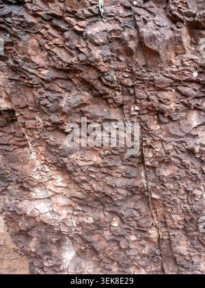 Gros plan haute résolution d'une surface rocheuse de montagne accidentée. L'image présente des motifs organiques, des fissures et des veines minérales de pierre grise naturelle. Par Banque D'Images