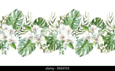 Bordure transparente d'orchidées blanches. Délicates fleurs blanches et feuilles tropicales vertes. Illustration d'aquarelle dessinée à la main, isolée. Parfait pour mariage Banque D'Images