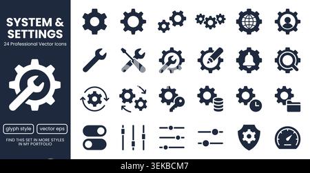 Engrenage, icônes de glyphe de roue dentée définies. Bouton de paramètres de l'application, curseur, outil de clé, illustrations vectorielles de pictogramme plat de concept fixe. Silhouette minimaliste noire Illustration de Vecteur
