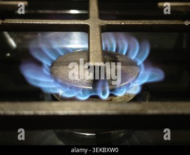 Gros plan de la flamme de gaz naturel bleu brûlant sur le brûleur de cuisinière domestique de cuisine Banque D'Images