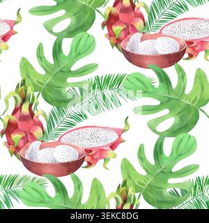 Modèle sans couture de pitahaya, bol, palmier et feuilles de monstera. Illustration aquarelle. Oeuvre d'art faite à la main. Pour la conception d'emballage, les cartes, la couverture Banque D'Images
