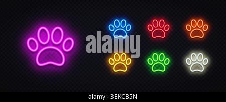 Icônes colorées d'impression de patte de néon en rose, bleu, rouge, orange, jaune, vert et blanc. Symboles lumineux pour animaux de compagnie pour vétérinaire, soin des animaux, et animalerie Illustration de Vecteur
