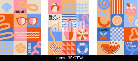 Set été flyers géométriques avec des symboles de saison chaude - lunettes de soleil, crème glacée, coquillages, planche de surf, vagues, pastèque. Modèle pour les ventes, le web, la conception, l'étiquette, la publicité et l'impression. Illustration vectorielle. Illustration de Vecteur