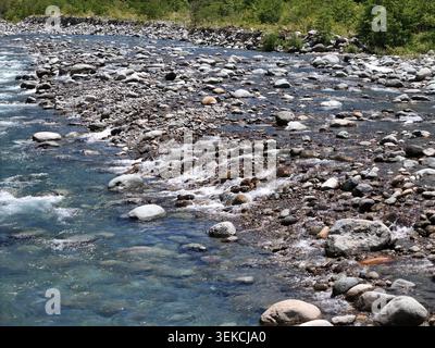 La rivière claire coule sur des pierres lisses et ensoleillées. L'eau se précipite doucement, créant de la mousse blanche sur les cailloux. Un ruisseau peu profond révèle des roches de différentes tailles Banque D'Images