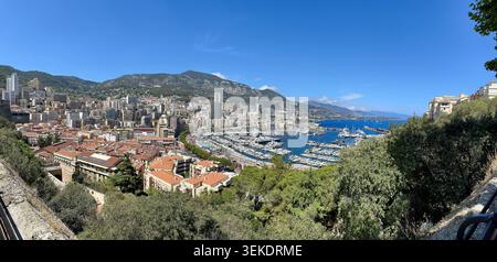 Vue panoramique sur le port de Monaco avec Superyachts et toile de fond de montagne Banque D'Images