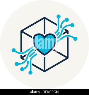 Cube 3D isométrique avec un cœur et des nœuds de circuit symbole de cardiologie intelligente de centre de données de santé et réseau d'amour numérique. Illustration de Vecteur