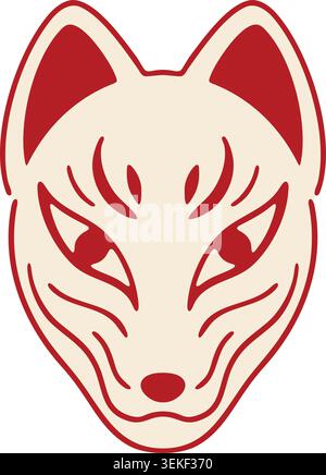 Illustration simple d'un masque de renard rouge et blanc avec de grandes oreilles, des marques courbes et des yeux étroits. Illustration de Vecteur