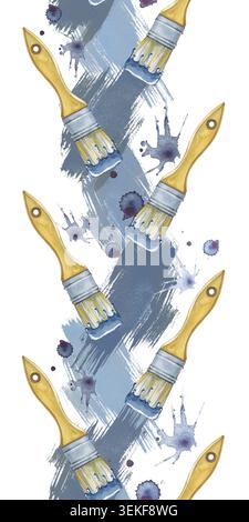 Une illustration à l'aquarelle dessinée à la main d'une bordure verticale sans couture avec des pinceaux avec des poignées en bois. Motif artistique avec colorant indigo bleu Banque D'Images