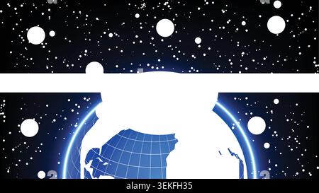 Lever de soleil de planète bleue futuriste avec éclat lumineux de lentille, réseau de grille mondial et étoiles dans l'espace Illustration de Vecteur