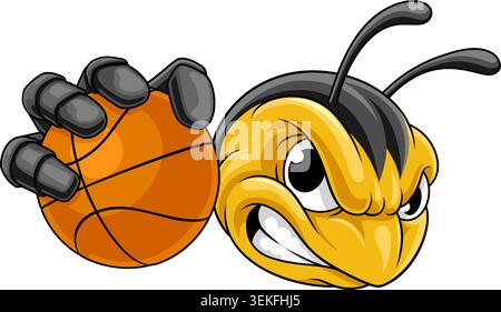 Un personnage de dessin animé mascotte d'une équipe sportive de basket-ball d'abeille, de frelon ou de guêpe tenant une balle. Illustration de Vecteur