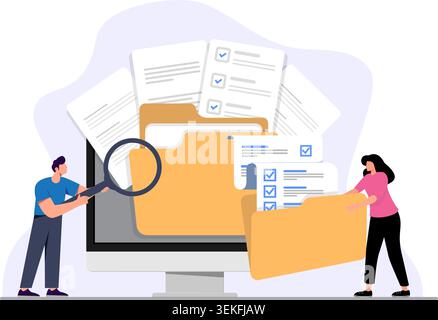 Employés de bureau organisant le stockage de données et l'archivage de fichiers sur serveur ou ordinateur. Utilisateurs de PC recherchant des documents dans la base de données. Illustration de Vecteur