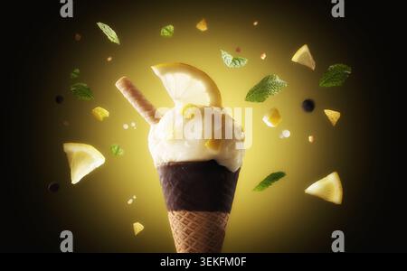 Crème glacée au citron dans un cône trempé de chocolat avec des tranches de citron flottantes, des morceaux d'agrumes et des feuilles de menthe sur un fond jaune brillant. Banque D'Images