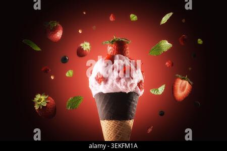 Crème glacée à la fraise rose dans un cône de gaufre trempé dans le chocolat, entouré de fraises flottantes, de feuilles de menthe et de baies sur un fond rouge vif Banque D'Images