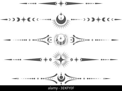 Frontières célestes mystiques avec phases de lune, séparateurs d'étoiles ornementaux et éléments de cadre magiques parfaits pour les dessins spirituels de tarot et de fantaisie Illustration de Vecteur